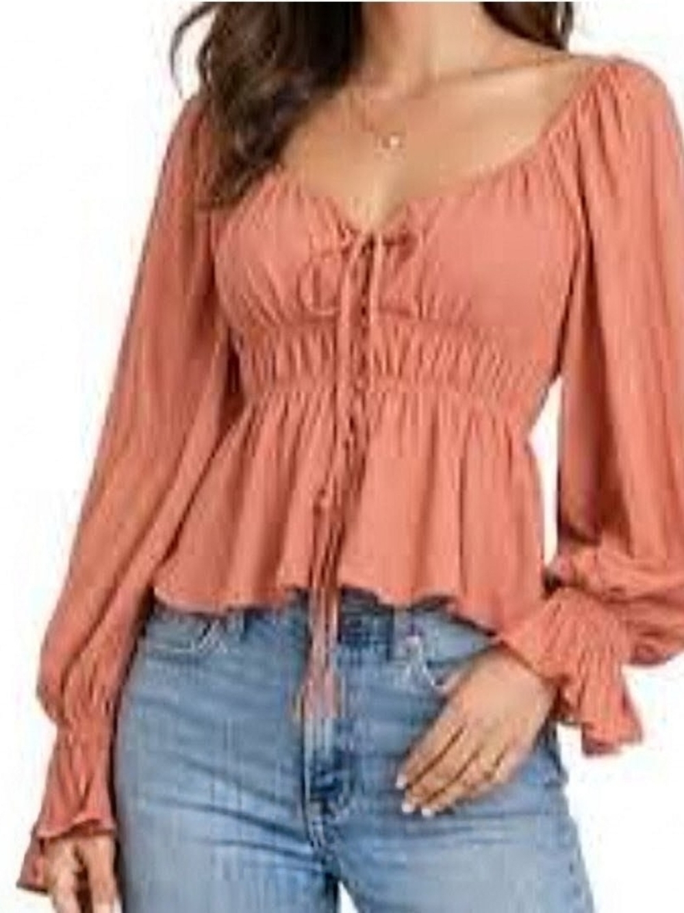 4SI3NNA Rust Tie-Front Closure Peasant Blouse with Smocked Waist Cottagecore -M